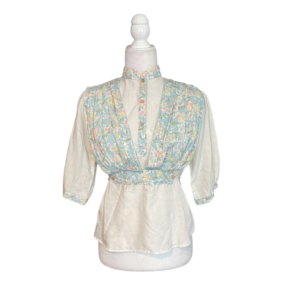 Vintage Jaydeep White Blue Floral Peasant Cottage Blouse